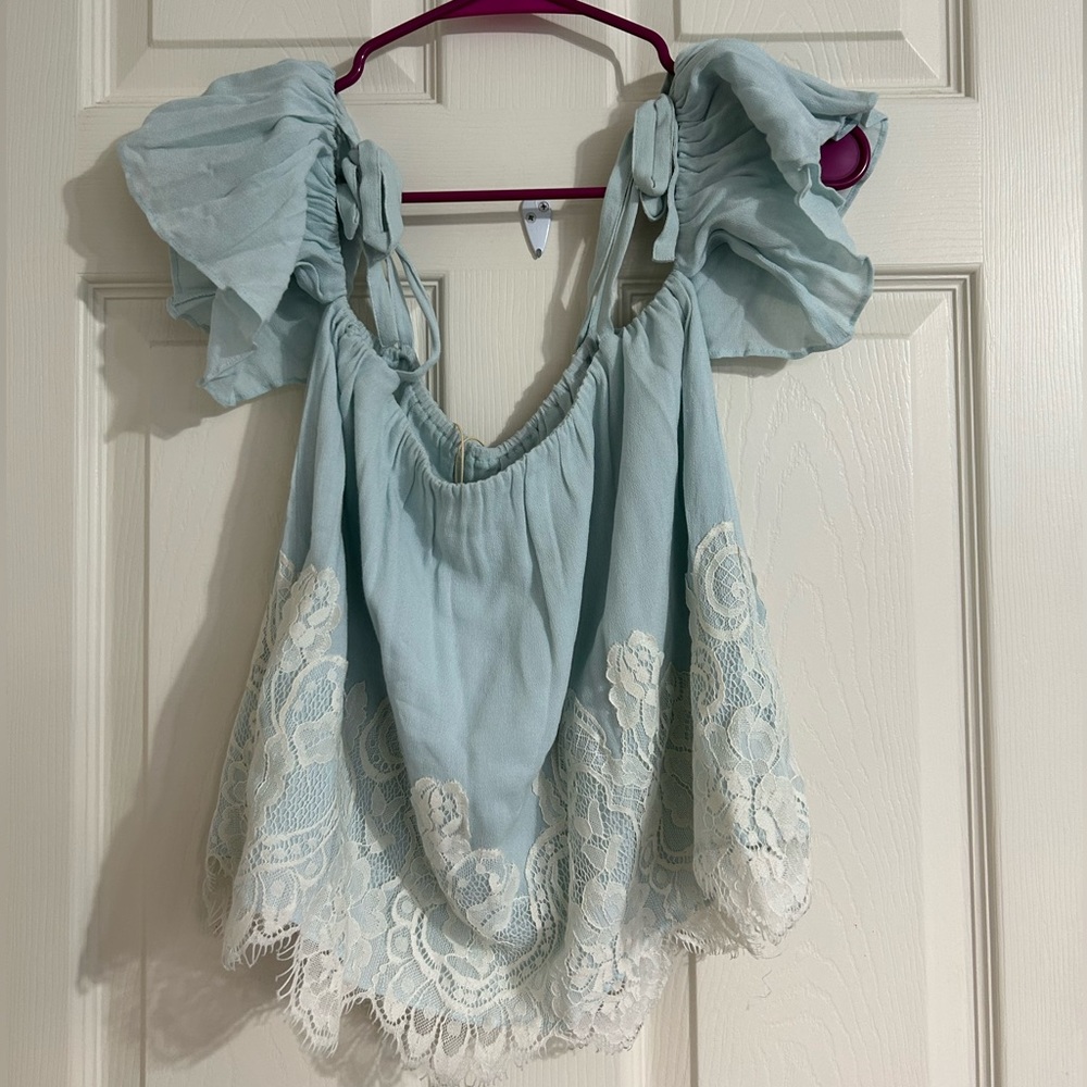 Show Me Your Mumu Women’s Piper Blue Lace Top Blouse Shirt Off Shoulder Sz Small